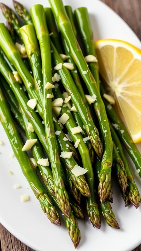 Sautéed garlic asparagus garnished with Parmesan cheese and lemon on a rustic table.